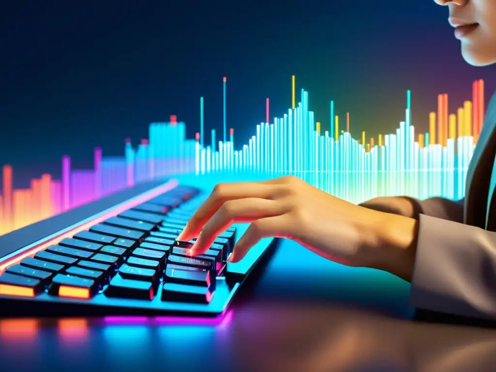 Programador innovador en acción con Babel, el compilador de JavaScript Persona tecleando en un teclado futurista con código y datos coloridos, reflejando la innovación del compilador de JavaScript código abierto