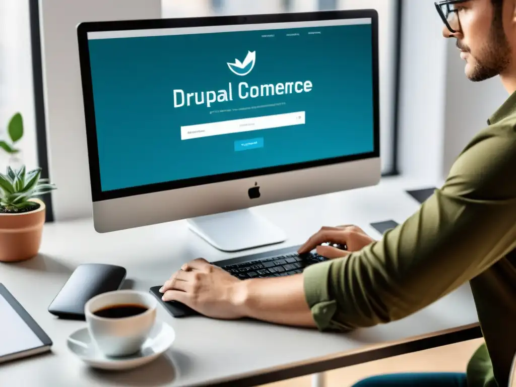 Persona construyendo una tienda online con Drupal Commerce en un moderno y organizado espacio de trabajo