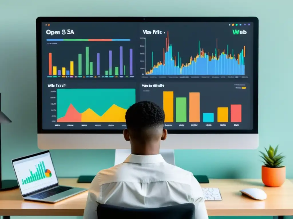 Persona analizando tráfico web con gráficos coloridos y herramientas open source
