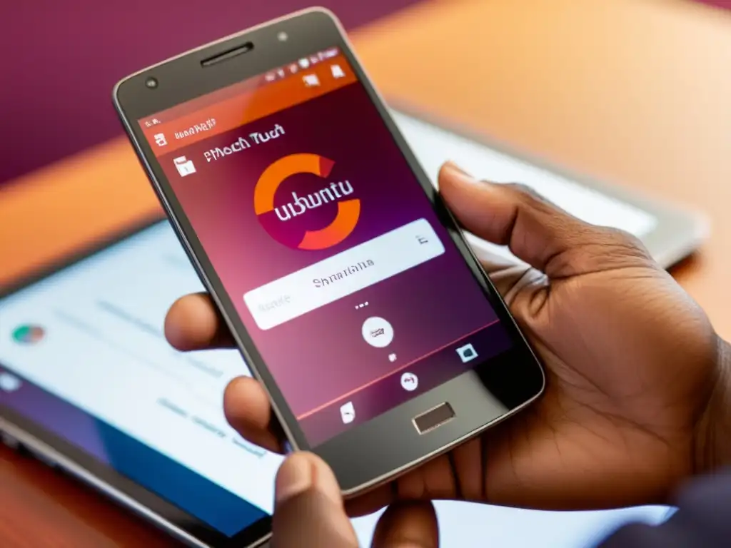 Persona usando Ubuntu Touch, la experiencia Linux en tu bolsillo, con un diseño moderno y profesional