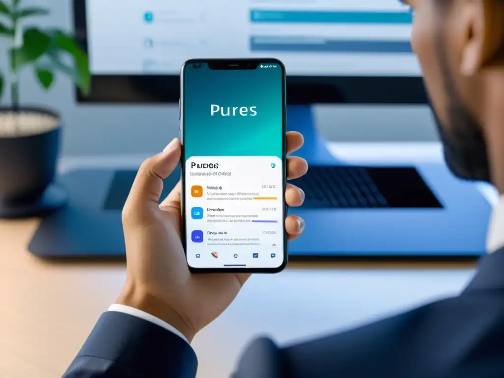 Una persona evalúa la usabilidad de PureOS en móviles con concentración y enfoque en un entorno profesional y educativo