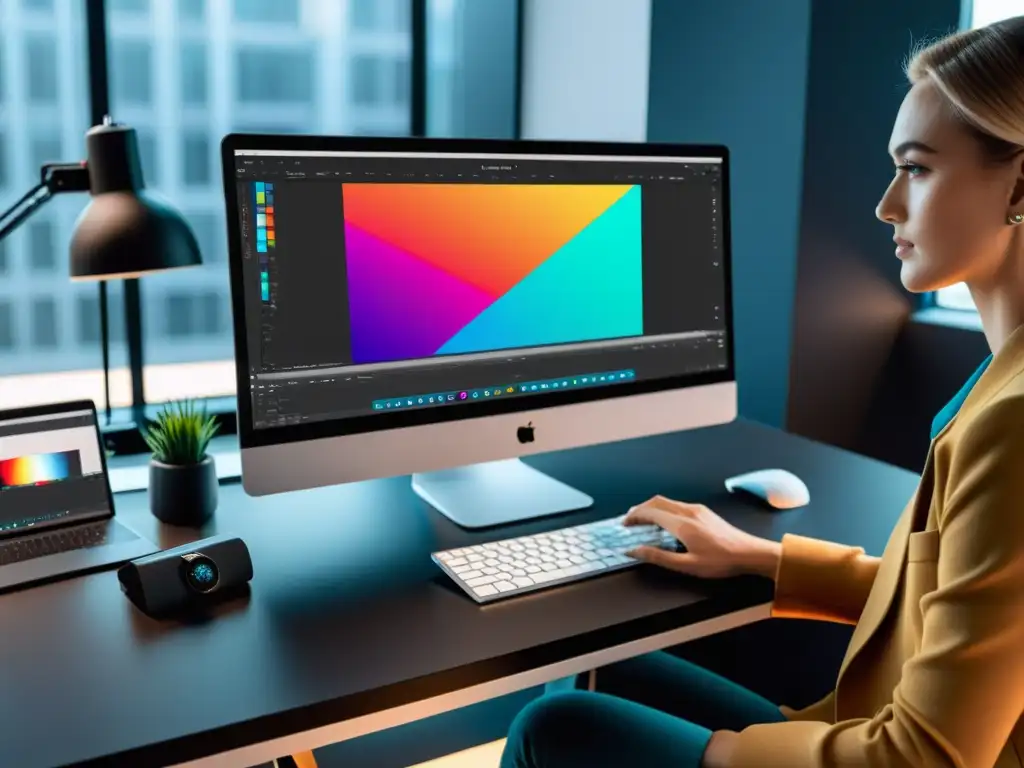 Persona editando video profesional con Shotcut en un ambiente moderno y creativo, rodeada de herramientas de diseño