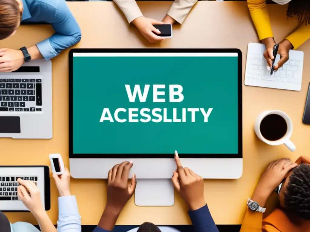 Personas diversas usan dispositivos para acceder a un sitio web, resaltando la accesibilidad web en CMS de código abierto