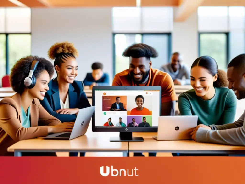 Personas diversas usando dispositivos Ubuntu en entornos modernos, democratizando el acceso a la informática de calidad