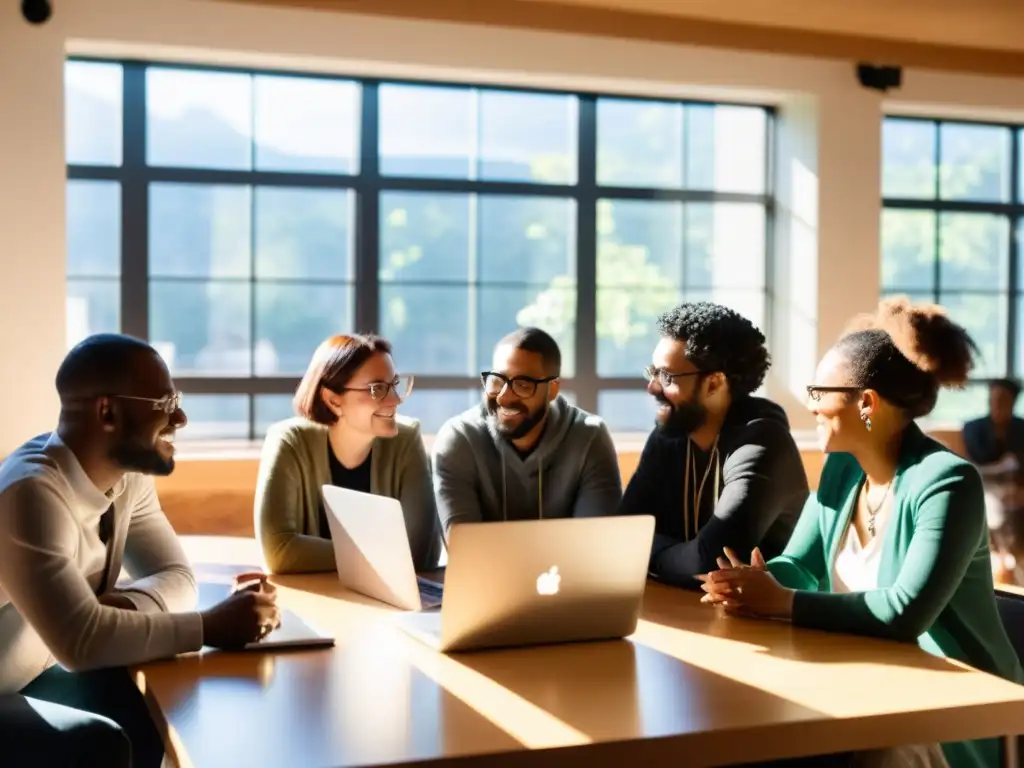 Diversas personas discuten proyectos de código abierto en una atmósfera de liderazgo en comunidad open source