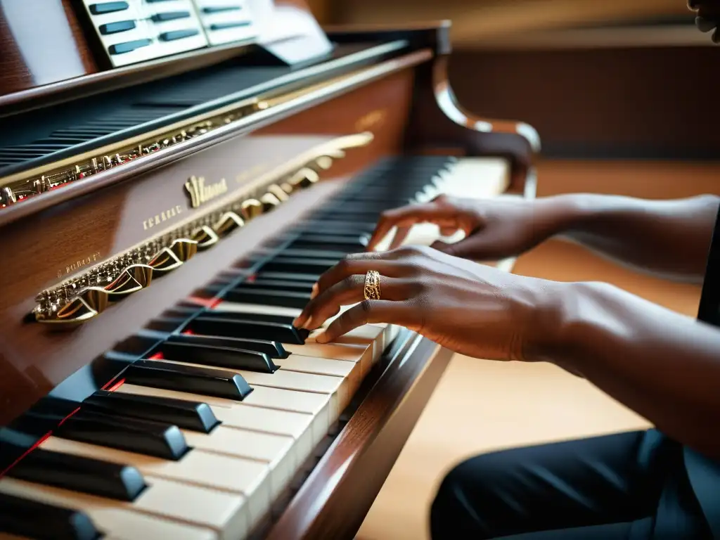 El pianista interpreta con pasión una compleja pieza musical en un piano de cola, destacando la elegancia y destreza