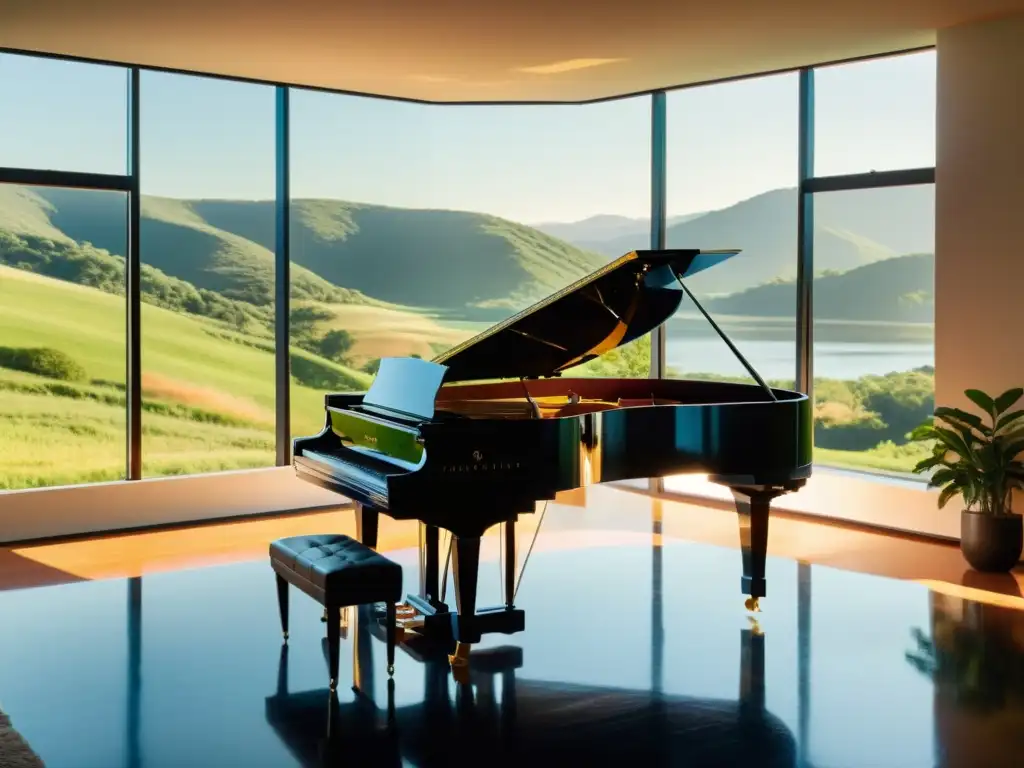 Un pianista talentoso toca en un salón luminoso con vista al paisaje