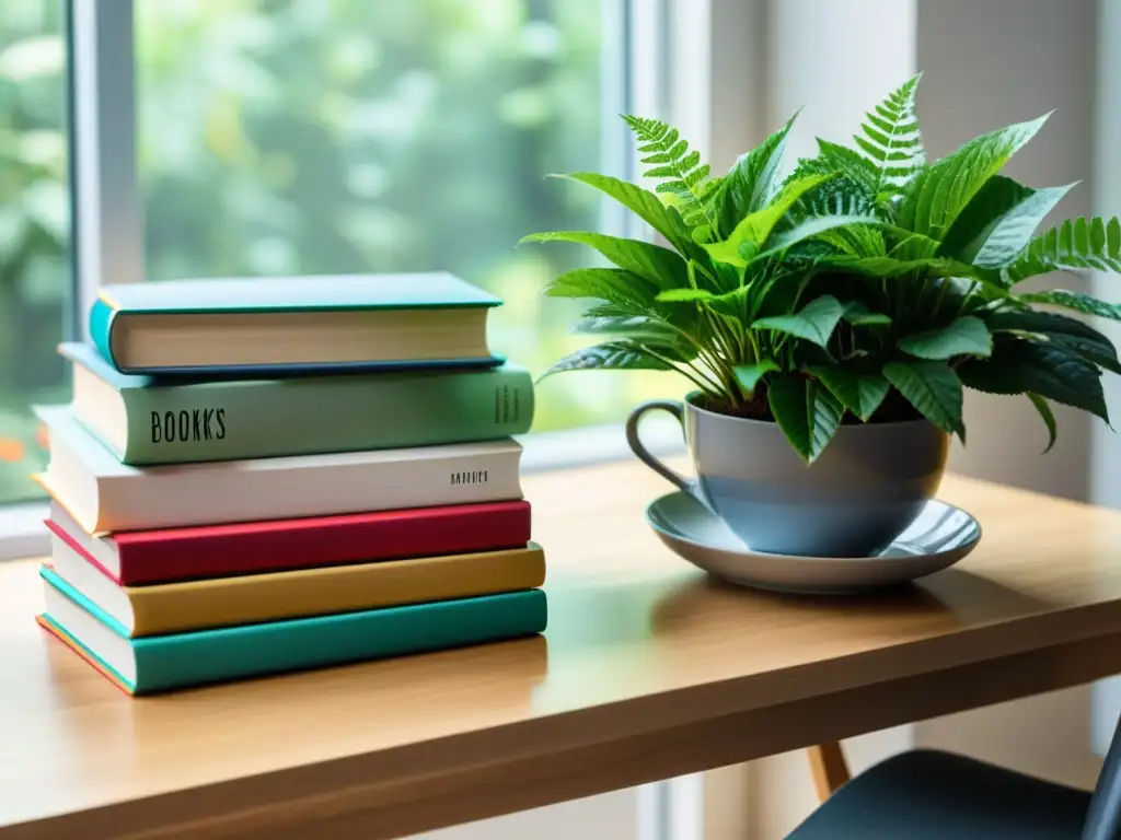 Una pila de libros abiertos con portadas coloridas en un escritorio moderno, junto a una laptop y una taza de café, rodeados de plantas y luz natural