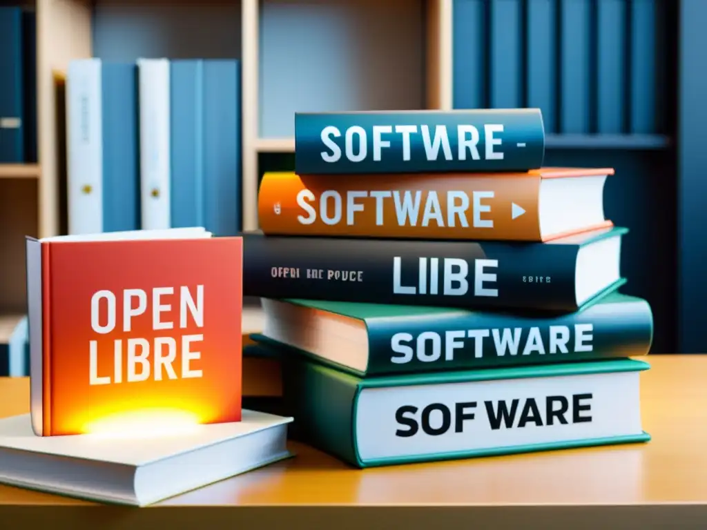 Una pila de libros abiertos con 'software libre' y 'open source' en sus lomos, rodeada de tecnología moderna en una oficina contemporánea, irradiando conocimiento y progreso