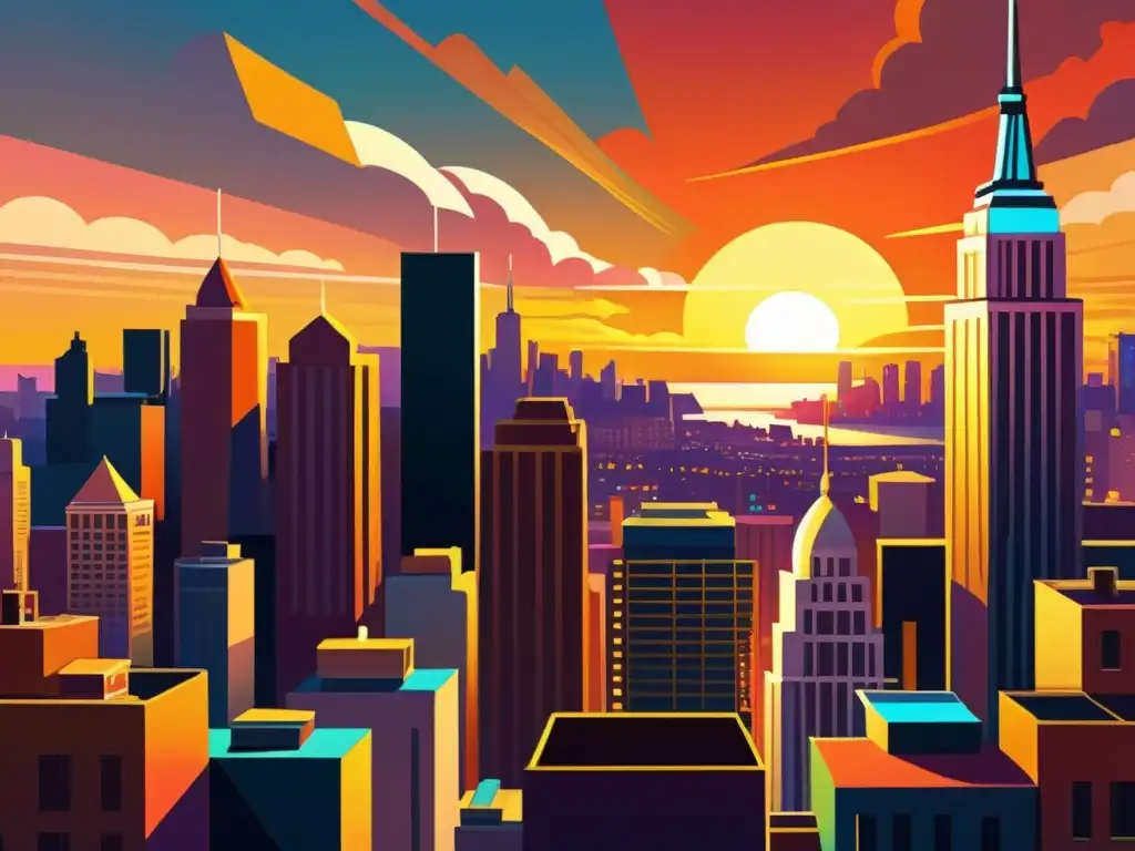 Una pintura digital de una ciudad vibrante al atardecer, con detalles urbanos y luces brillantes, creando una escena inmersiva