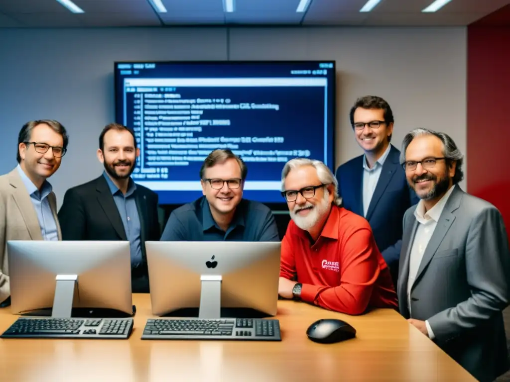 Los pioneros de FreeBSD debaten y codifican en una oficina moderna, resaltando la importancia de FreeBSD para servidores