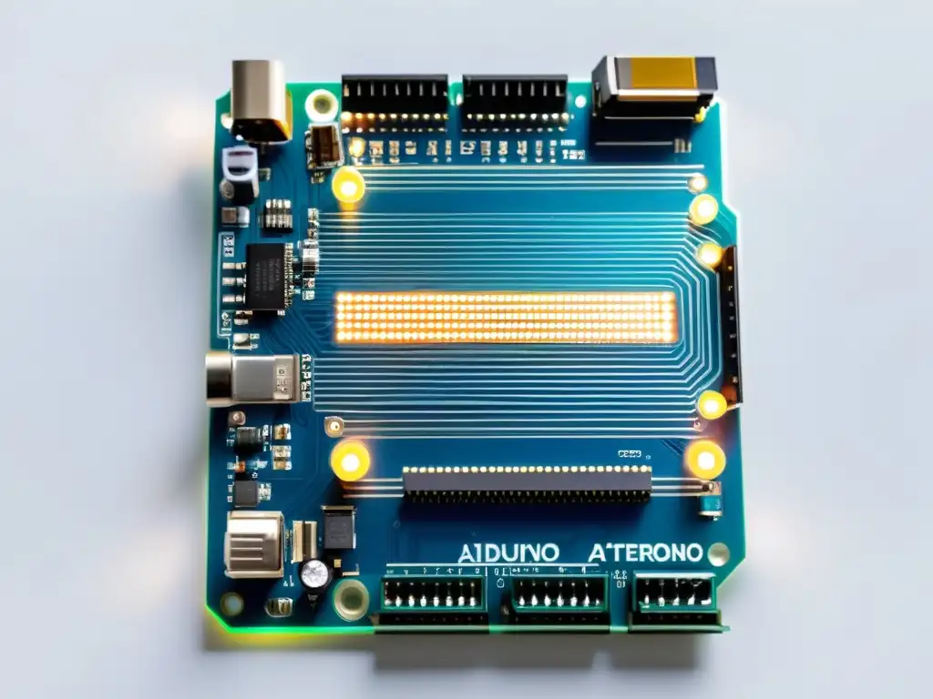 Una placa de circuito Arduino con luces LED coloridas rodeada de componentes electrónicos y herramientas en una superficie blanca