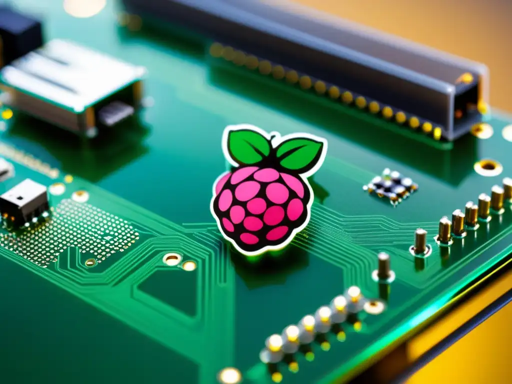 Placa de circuito Raspberry Pi con detalles intrincados, iluminación suave y ambiente moderno