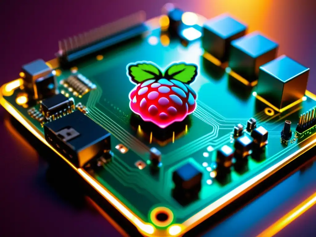 Una placa de circuito Raspberry Pi iluminada con un brillo futurista, resaltando la complejidad y precisión de la tecnología