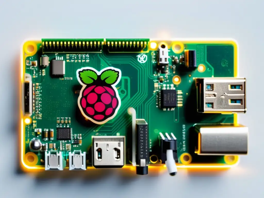 Placa Raspberry Pi conectada a componentes electrónicos con luces LED coloridas, diseño moderno y circuitos avanzados