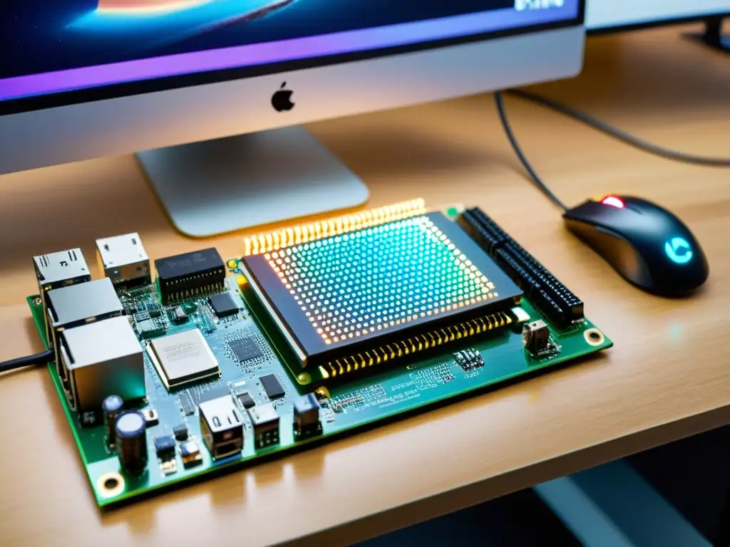 Placa de desarrollo FPGA de código abierto conectada a una computadora en un espacio de trabajo moderno y ordenado Placa de desarrollo de FPGA de código abierto con LED brillantes, conectada a una computadora en un escritorio minimalista y ordenado