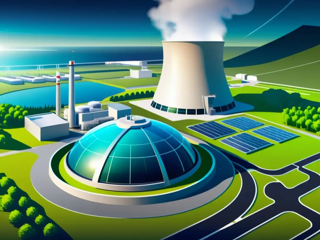 Modern ilustración de planta nuclear con enfoque en seguridad y tecnología avanzada, en paisaje digital innovador