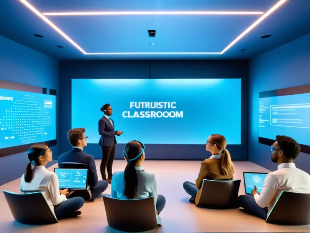 Plataforma educativa virtual de código abierto: Estudiantes en aula futurista con hologramas y simulaciones educativas en ambiente moderno iluminado por luz azul suave