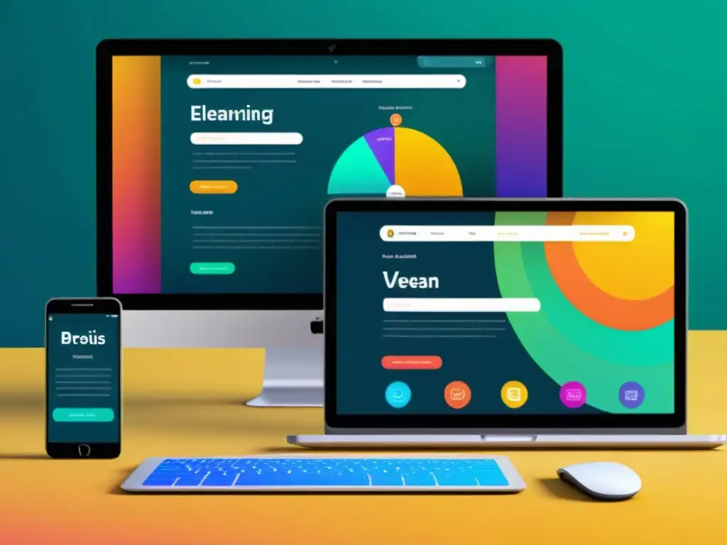 Una plataforma eLearning moderna y elegante en varios dispositivos, con diseño limpio, colores vibrantes y layout responsive