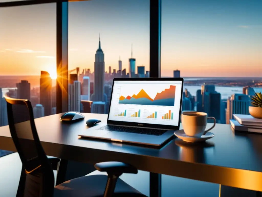 Plataforma integral gestión empresarial Odoo en oficina moderna con vista panorámica al atardecer, gráficos financieros en laptop y taza de café