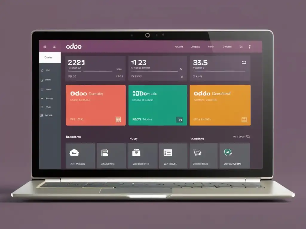 Plataforma integral gestión empresarial Odoo: Dashboard personalizado con módulos vibrantes y organizados para ventas, inventario, CRM y comercio electrónico