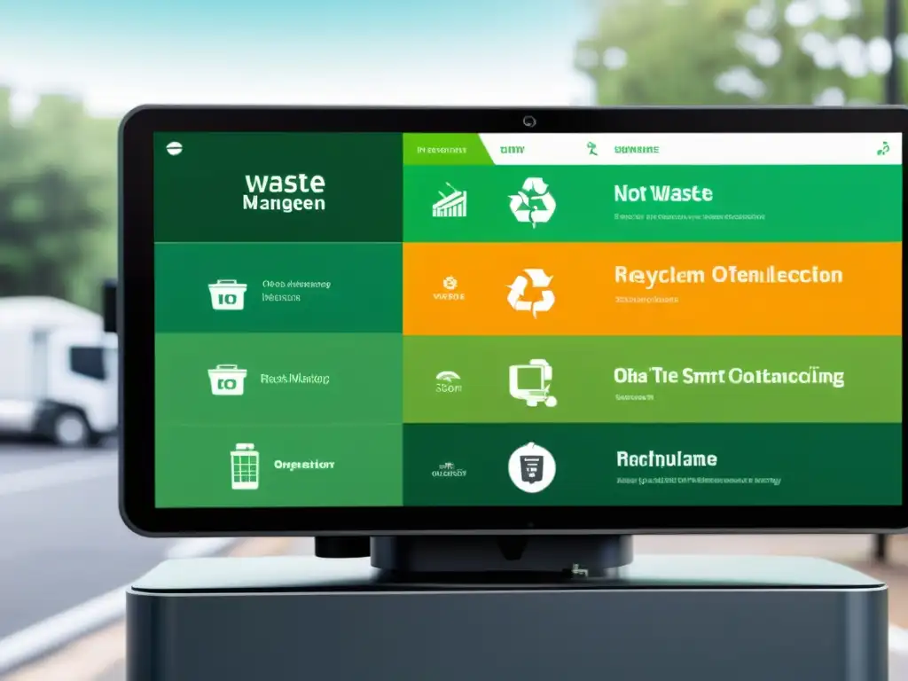 Plataforma de gestión de residuos IoT de código abierto, con diseño futurista y vibrante, mostrando la eficiencia tecnológica