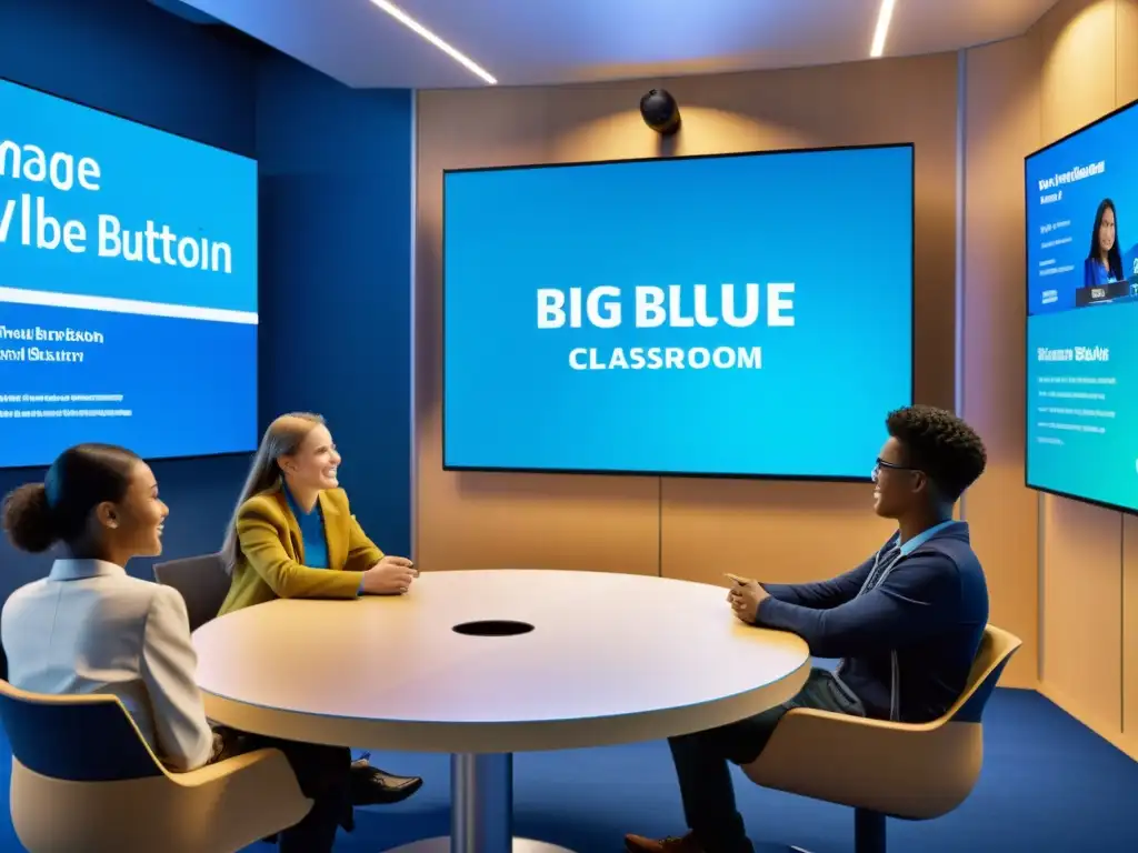 Plataforma BigBlueButton para videoconferencias educativas: Aula virtual dinámica con estudiantes participando activamente en una animada discusión