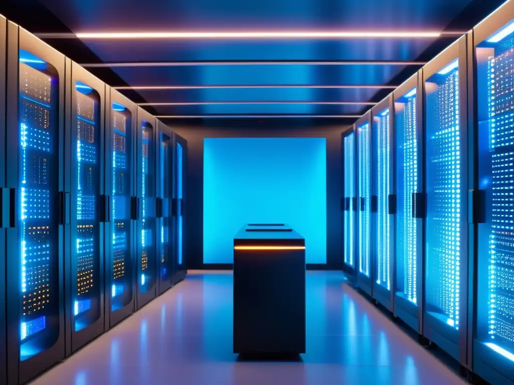 Plataformas código abierto Machine Learning: Sala de servidores futurista, iluminada, ingenieros colaborando en algoritmos de IA avanzados