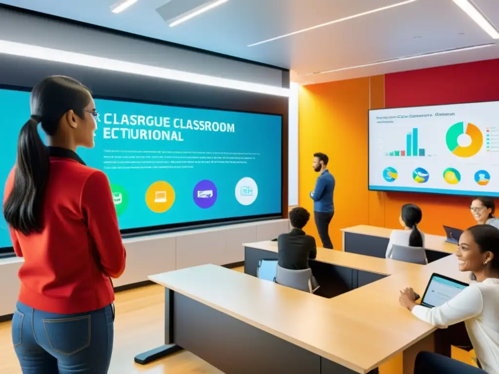 Plataformas educativas de código abierto 2023: Aula moderna con tecnología interactiva y estudiantes participando activamente en la lección