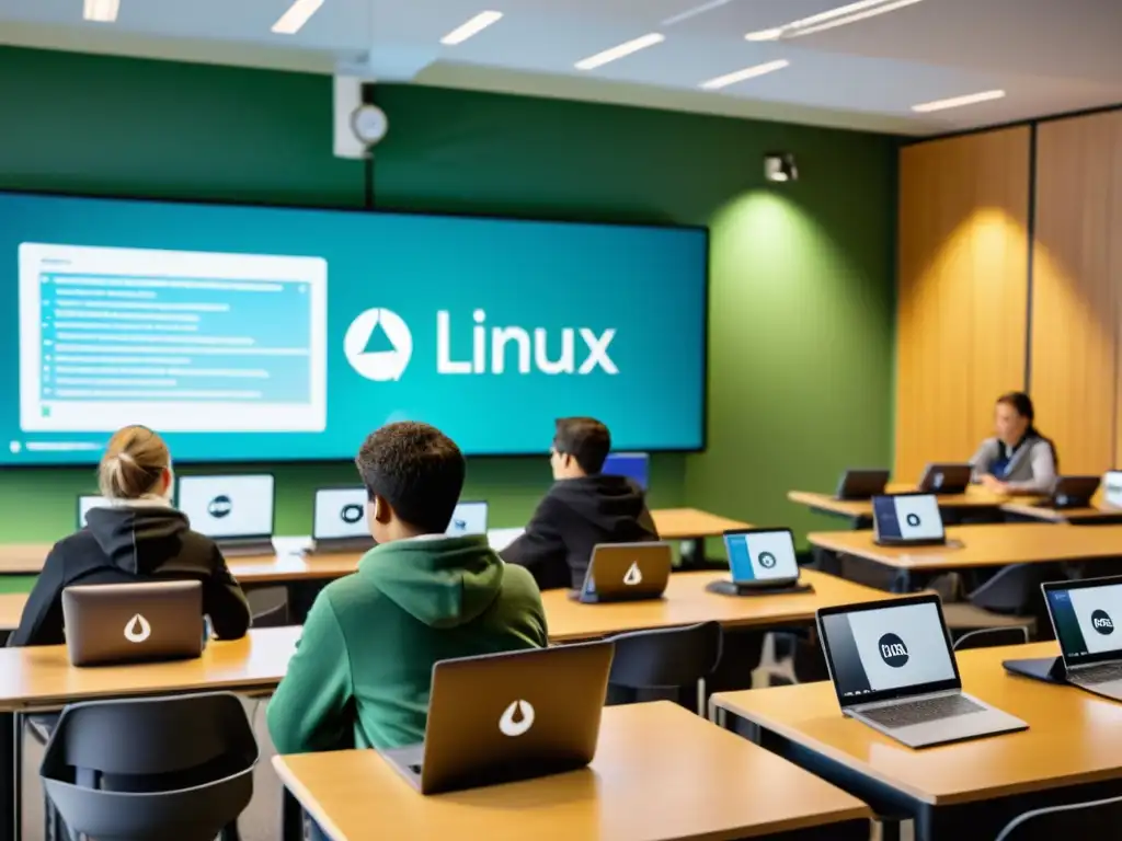 Plataformas de eLearning en Linux: Estudiantes colaborando en aulas modernas con laptops y tablets, con el logo de Linux en pantalla