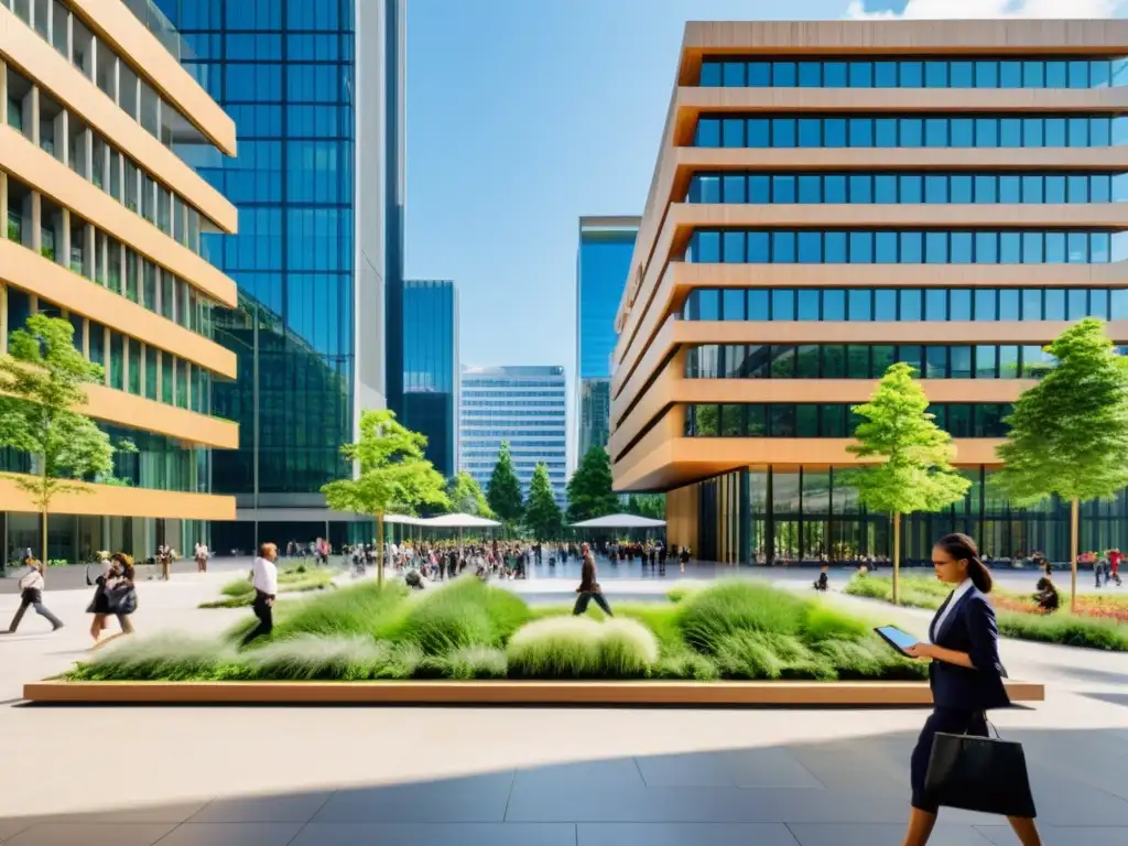 Plaza bulliciosa con edificios gubernamentales modernos en el fondo, reflejando la implementación de software libre en la administración pública