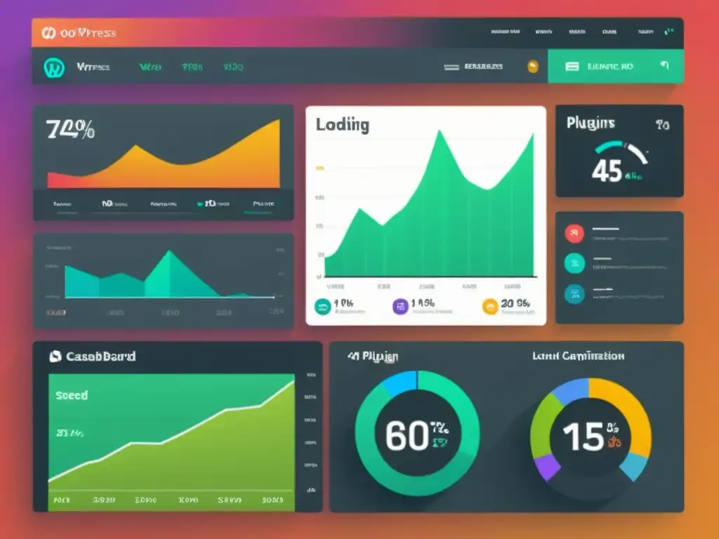 Dashboard de WordPress con plugins para mejorar velocidad, gráficos coloridos y estadísticas de carga optimizada