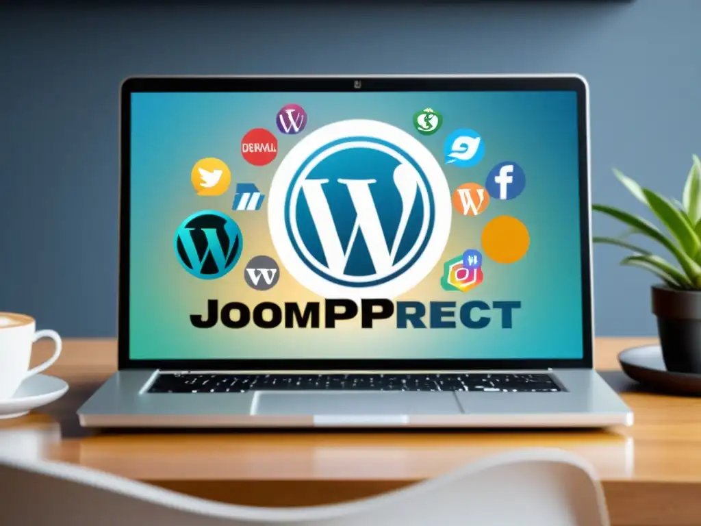 Un portátil muestra logotipos de proyectos open source como WordPress, Joomla y Apache, con iconos de marketing de afiliación