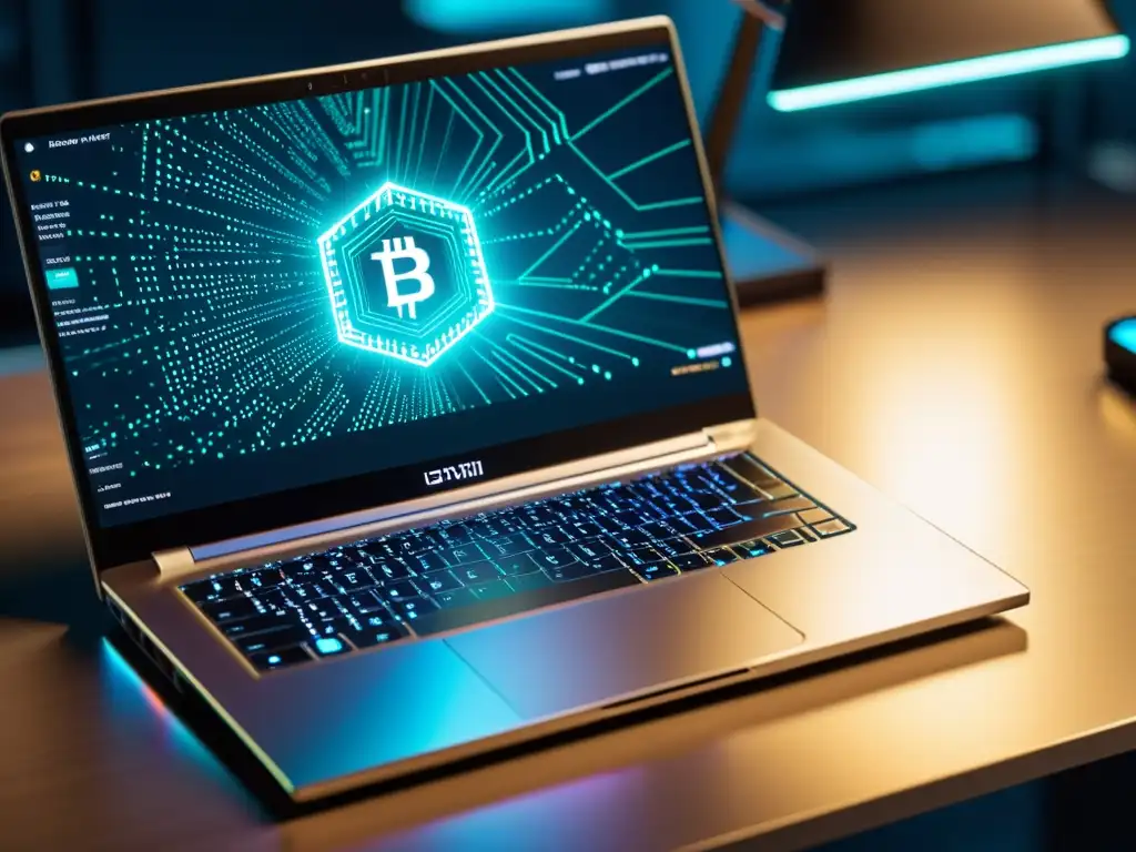 Portátil metálico con pantalla iluminada mostrando código de blockchain
