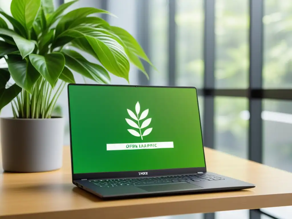 Un portátil moderno con código ecológico en la pantalla y una planta verde vibrante, reflejando los principios de ecodiseño en software