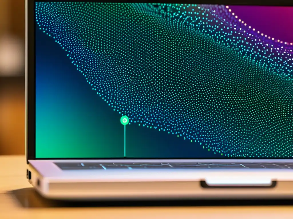 Un portátil moderno muestra un complejo entramado de nodos y líneas, simbolizando la diversidad y colaboración en el software de código abierto