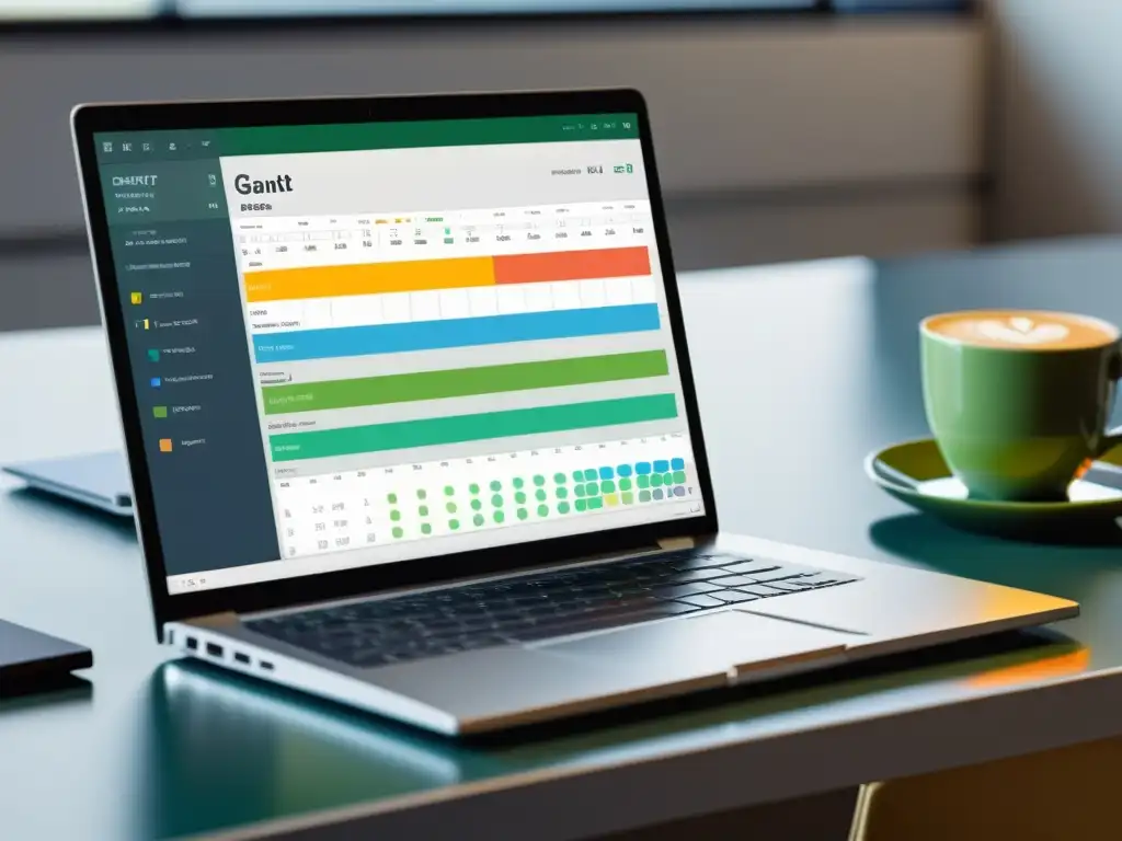 Un portátil moderno muestra un detallado diagrama de Gantt creado con GanttProject