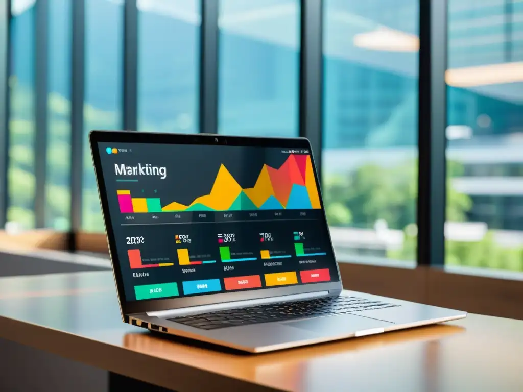 Un portátil moderno muestra un dinámico panel de marketing digital en una oficina contemporánea