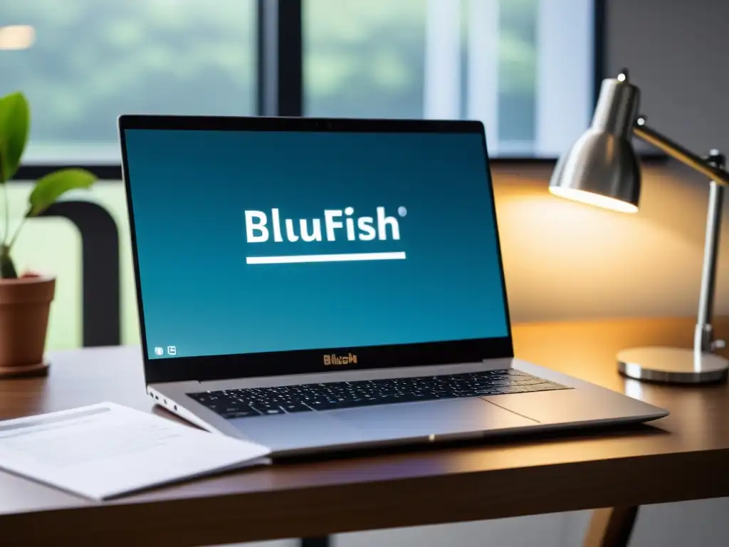 Un portátil moderno con Bluefish Editor abierto, destacando su diseño intuitivo