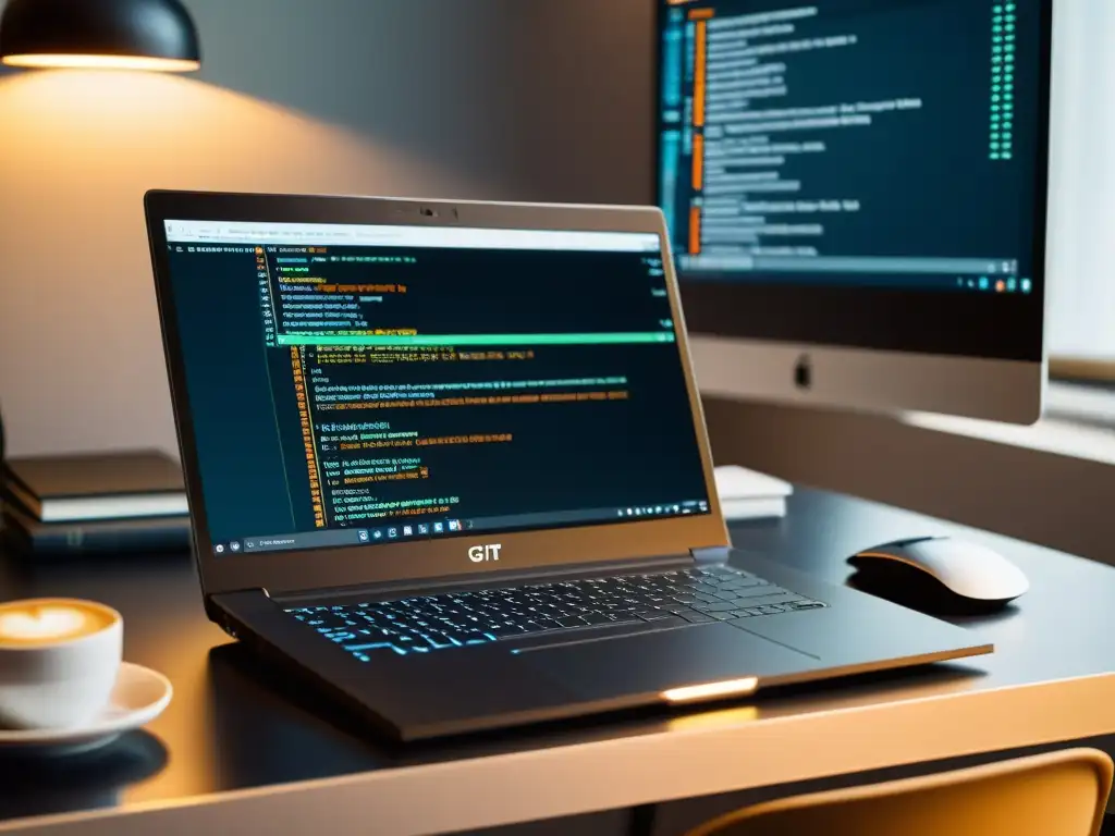 Un portátil moderno con un editor de código y varias ventanas de terminal abiertas, junto a libros relacionados con Git y una taza de café