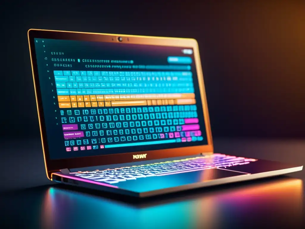 Un portátil moderno con editor de código abierto, reflejando una atmósfera profesional y acogedora para guía desarrollo FrontEnd código abierto