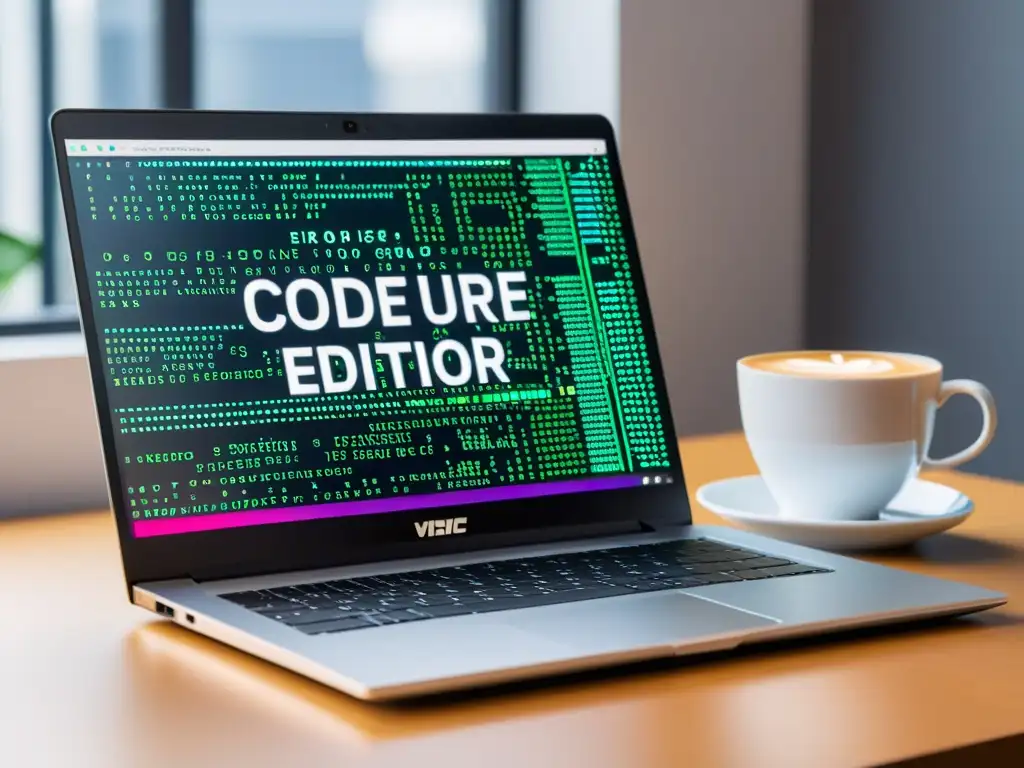 Un portátil moderno y elegante muestra un editor de código rodeado de gráficos digitales futuristas, creando un ambiente profesional y enfocado