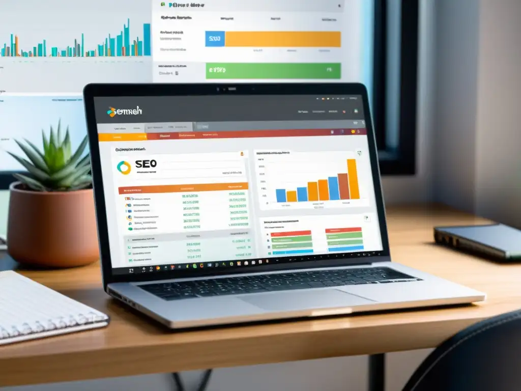 Un portátil moderno muestra herramientas de análisis de competencia SEO de código abierto como Moz, SEMrush y Ahrefs, con gráficos y tablas coloridos