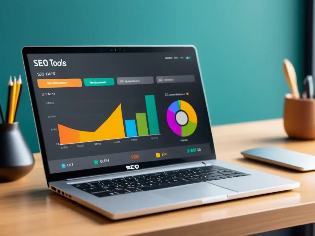 Un portátil moderno muestra herramientas gratuitas de SEO de código abierto en una oficina elegante y profesional