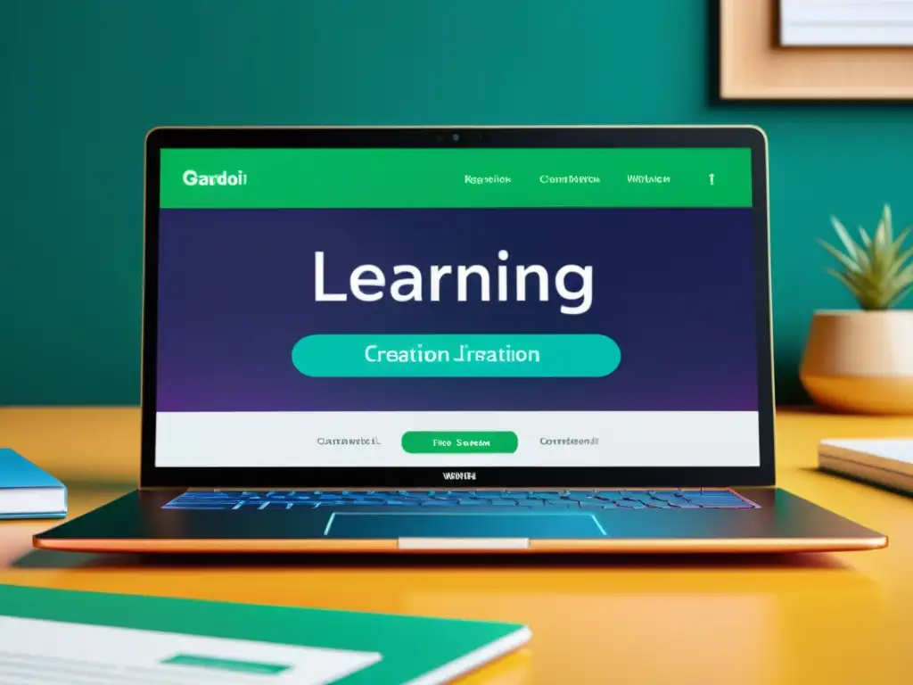 Un portátil moderno muestra la interfaz de Crear contenidos eLearning responsive, con un ambiente profesional y educativo