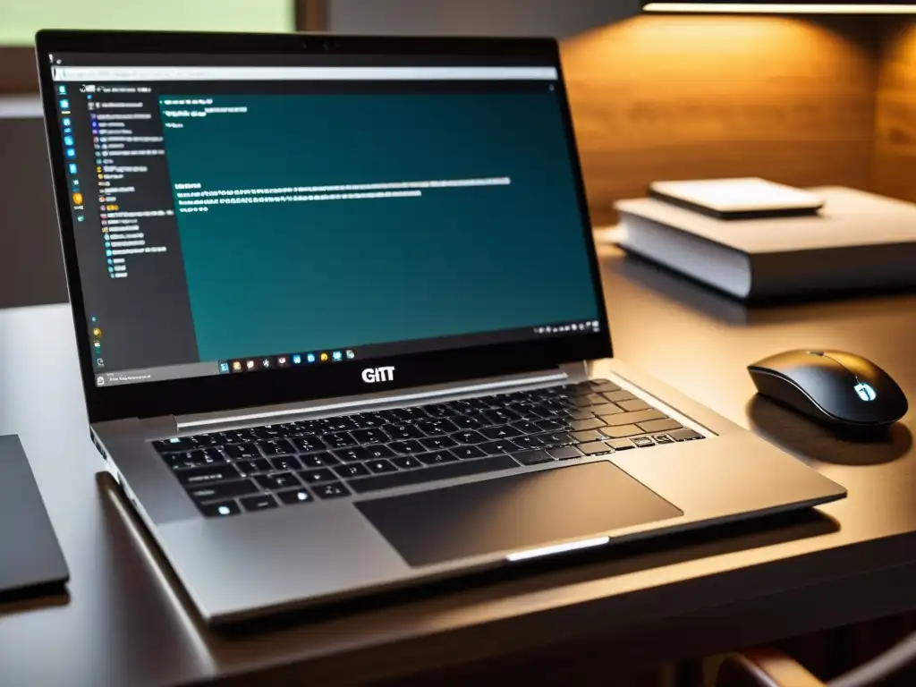 Portátil moderno con múltiples ventanas de clientes Git mostrando complejo código y funciones de control de versión