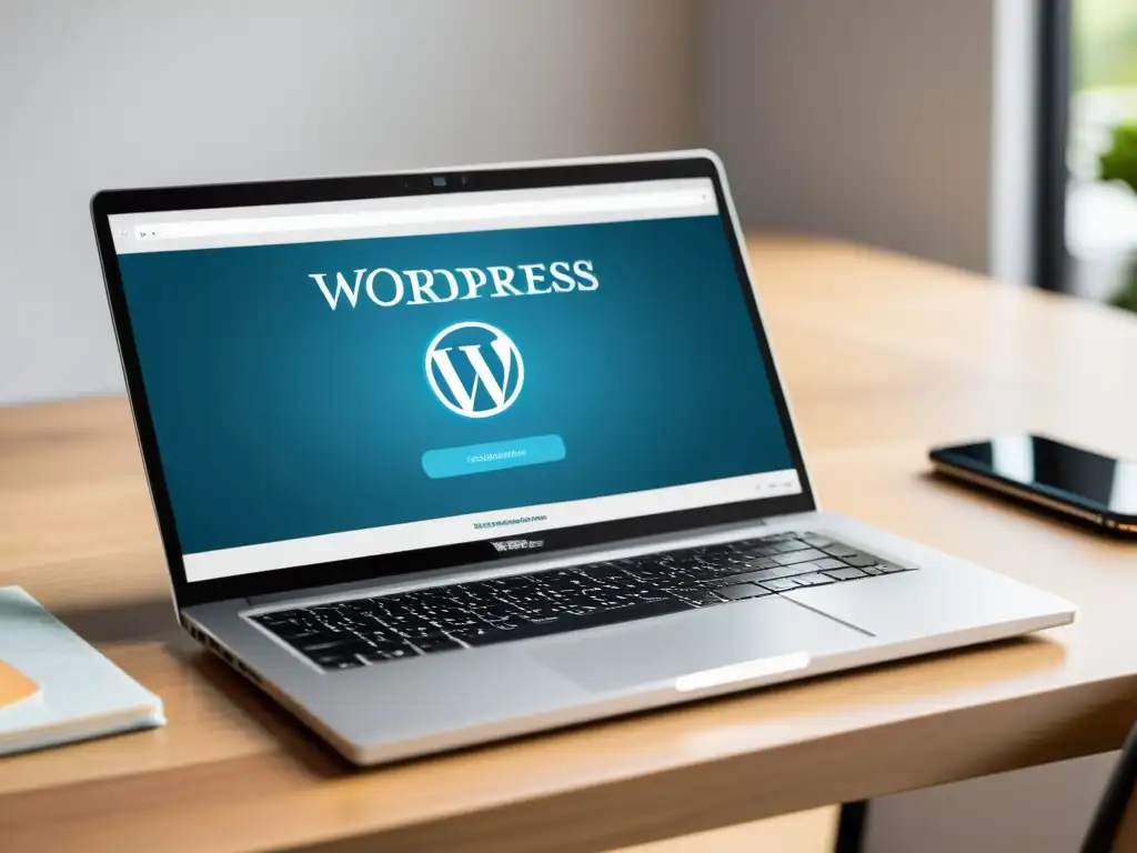 Un portátil moderno muestra el panel de control de WordPress con icono de seguridad y notificaciones de actualizaciones