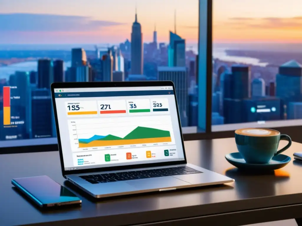 Portátil con software de contabilidad de código abierto, gráficos financieros, categorías de gastos y skyline urbano al atardecer