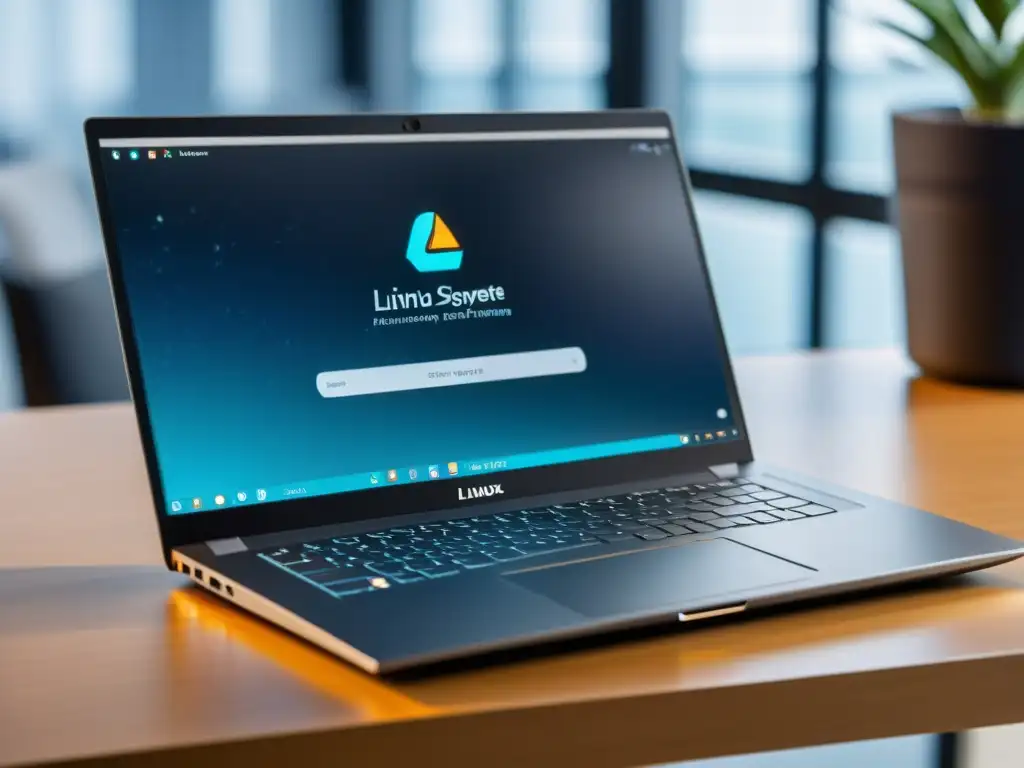 Portátil con Linux y software de protección de datos en interfaz futurista, en un entorno moderno y profesional
