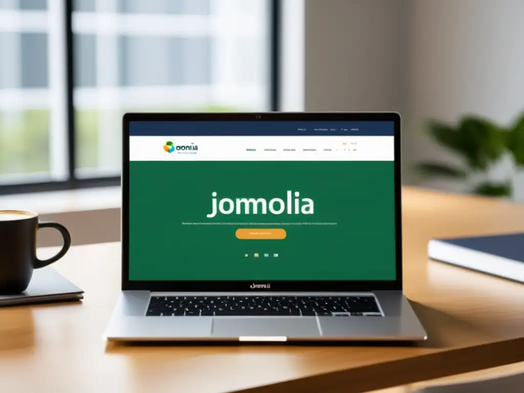 Construir Portfolio Online con Joomla: Escritorio moderno con laptop, café, y diseño web minimalista en una oficina elegante y fresca